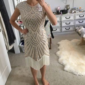 Beaded Sequin Flapper Dress White Cream Small S